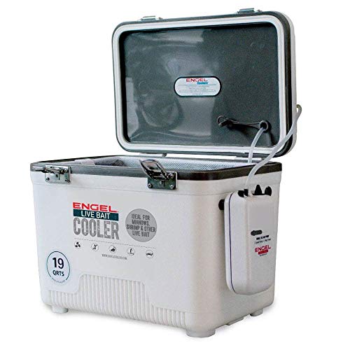 Engel 19 Quart Portable Insulated Live Bait Fishing Dry Box 32 Can Hard Airtight Cooler with Water Speed Aerator Pump and Removable Pull Net, White