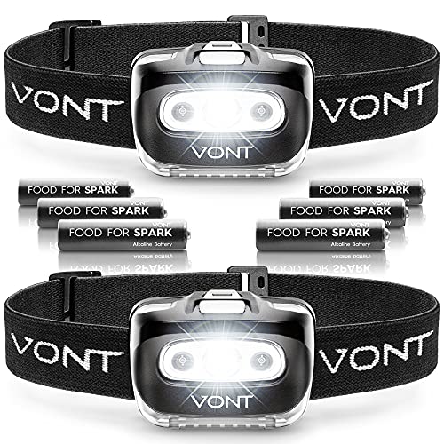 Vont 'Spark' LED Headlamp [Batteries Included, 2 Pack] IPX5 Waterproof, with Red Light, 7 Modes, Head Lamp, for Running, Camping, Hiking, Fishing, Jogging, Headlight Headlamps for Adults & Kids
